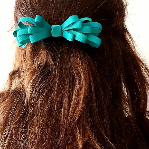 Turquoise Bow Woman's Hair Clip, Blue-Green, Ribbon Clip - Picture 1 of 4